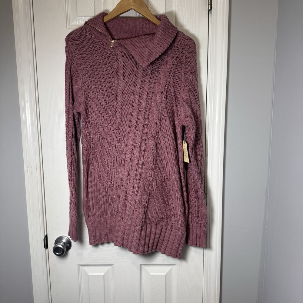 St John Bay Pink Asymmetrical Fold Over Zip Mock Neck Medium M Marled NWT